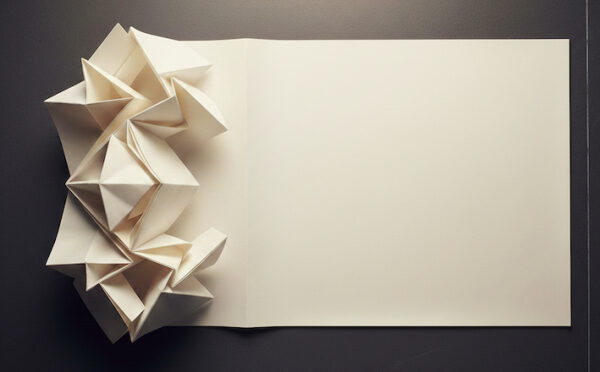 Оригами в углу белого листа бумаги на темном фоне, минималистичный дизайн.