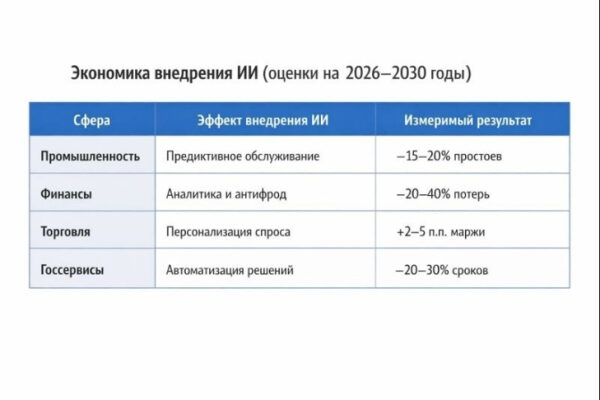 Таблица эффектов внедрения ИИ в различных сферах на 2026–2030 годы.