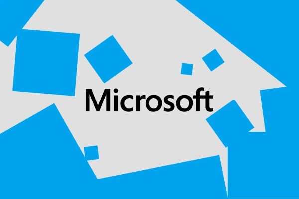 Логотип Microsoft на синем и сером фоне с абстрактными квадратами.