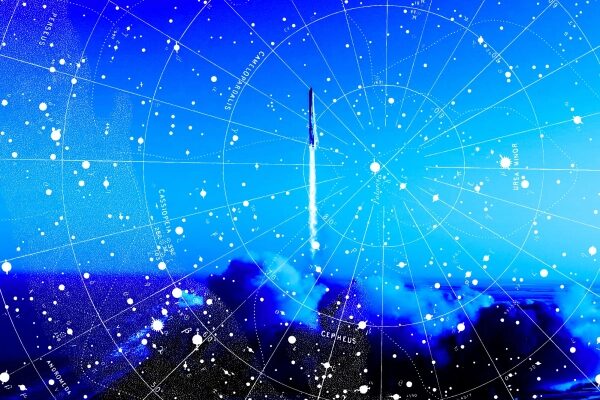 Ракета взлетает на звездном небе с нанесённой картой созвездий.