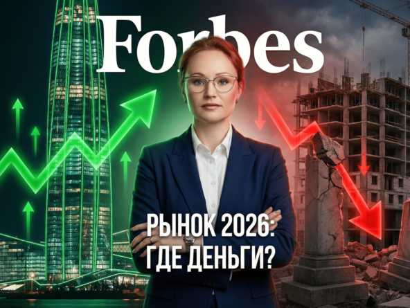 Обложка Forbes: инвестиции и рынок 2026, зелёные и красные стрелки, небоскрёб и стройка.