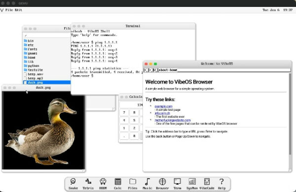 Операционная система VibeOS: браузер, терминал, файл-менеджер, изображение утки.