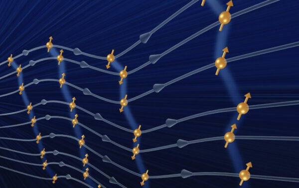 Схематическое изображение атомов и спинов на синем фоне, квантовая физика.