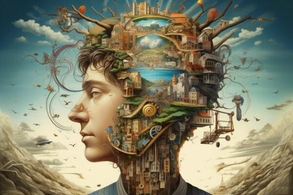 Фантастический пейзаж с архитектурой и природой, формирующий силуэт головы человека.