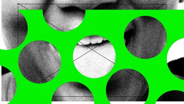 Абстрактное изображение с лицом и зелеными кругами, закрывающими часть сцены.