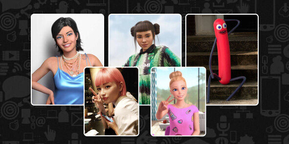 Пять разных анимированных персонажей на темном фоне, включая куклу и красную палку.