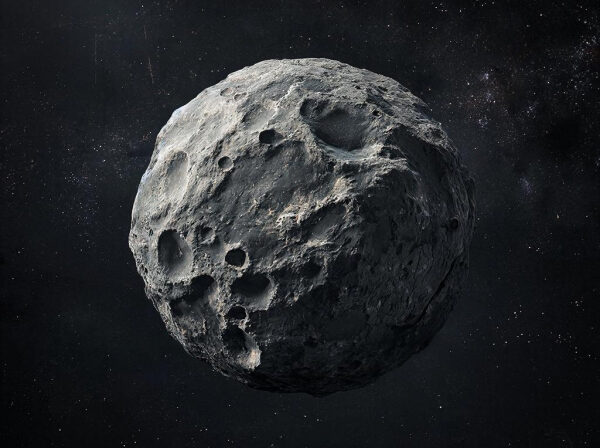 Астероид с кратерами в космосе, серый, детализированный, на тёмном фоне звёздного неба.