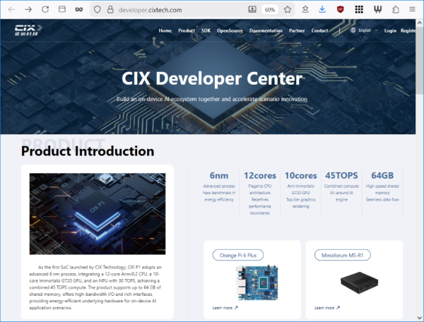 Портал developer.cixtech.com с документацией на процессор CIX P1