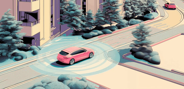 Автономный автомобиль на улице, окружённый датчиками для навигации и безопасности.