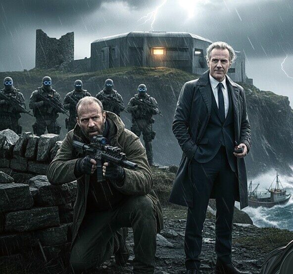 Боец в камуфляже с винтовкой и человек в костюме на фоне штурмового отряда у крепости.