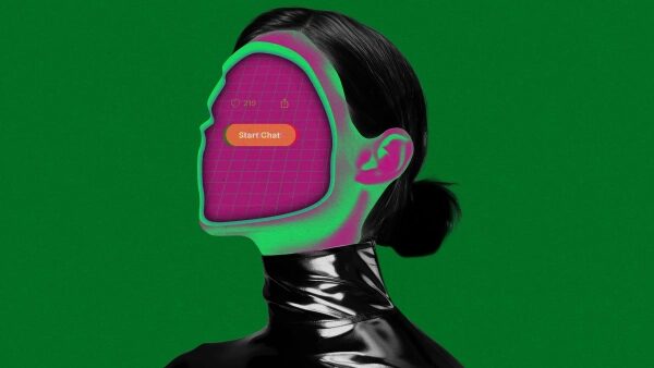 Сюрреалистичный портрет: лицо с сеткой и кнопкой чата на зелёном фоне.