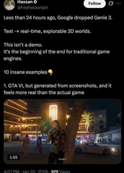 Твит о Genie 3: текст в реальные 3D-миры, пример GTA VI, постройка будущих игр.