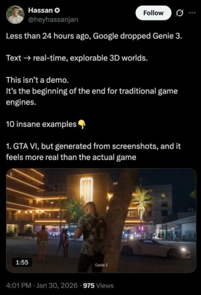 Твит о Genie 3: текст в реальные 3D-миры, пример GTA VI, постройка будущих игр.