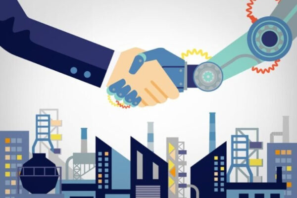 Рука человека пожимает робота на фоне завода, символизируя сотрудничество технологий.