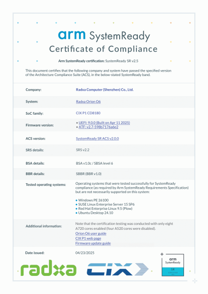 Сертификат Arm SystemReady SR (ServerReady) v2.5 для Radxa Orion O6