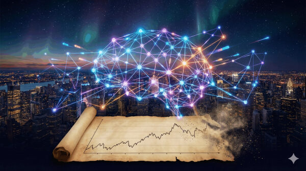 Временных рядов недостаточно: как графовые нейронные сети меняют прогнозирование спроса 1 Иллюстрация нейронной сети над ночным городом с графиком на бумаге.