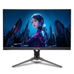 Игровой монитор Acer Predator, киберпанк фон, технологичная атмосфера.