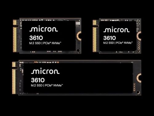 Три SSD-накопителя Micron 3610 M.2 PCIe NVMe на черном фоне.