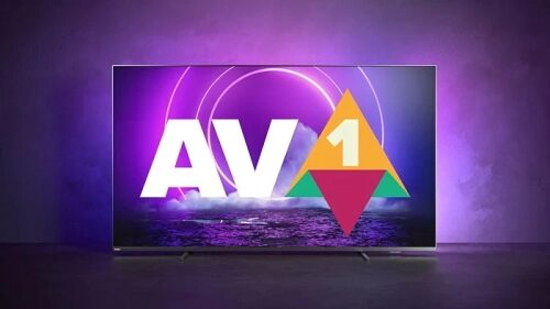 Телевизор с логотипом кодека AV1 на экране, фиолетовый фон.