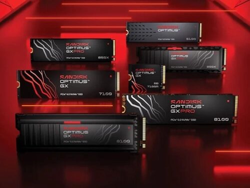 Накопители SanDisk Optimus GX на красном фоне, SSD для высокопроизводительных систем.