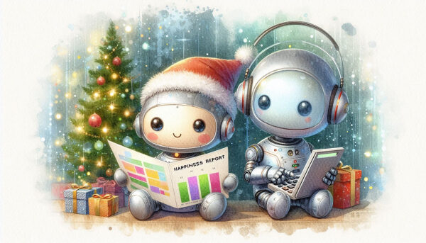 Праздничные роботы читают отчёт о счастье возле ёлки и подарков в новогодней атмосфере.