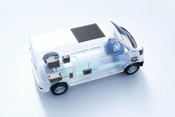 Электрический фургон с солнечной панелью и внутренними компонентами, вид сбоку.