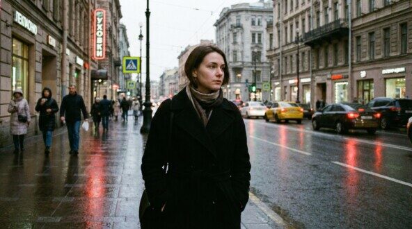 Пешеход на оживленной улице города в пасмурную погоду, такси и люди вокруг.