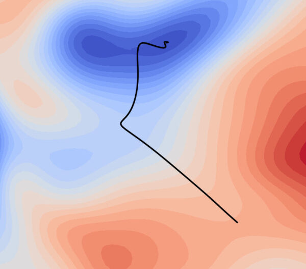 О возможности использования малых сетей для обучения на основе физических принципов 2 Абстрактный фон с градиентом синего и оранжевого, диагональная черная линия.