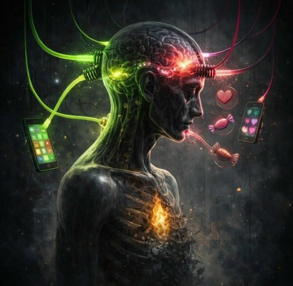 ХИМИЧЕСКАЯ КАСТРАЦИЯ ВОЛИ: ПРАВДА О ВАШЕЙ ЛЕНИ 2 Киберпанк-человек с подключенными к мозгу устройствами и светящимися трубками.