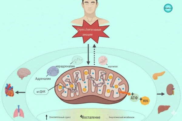 Схема влияния стресса на клеточный метаболизм и воспаление.
