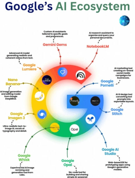 Инфографика экосистемы ИИ Google с описанием различных проектов и инструментов.