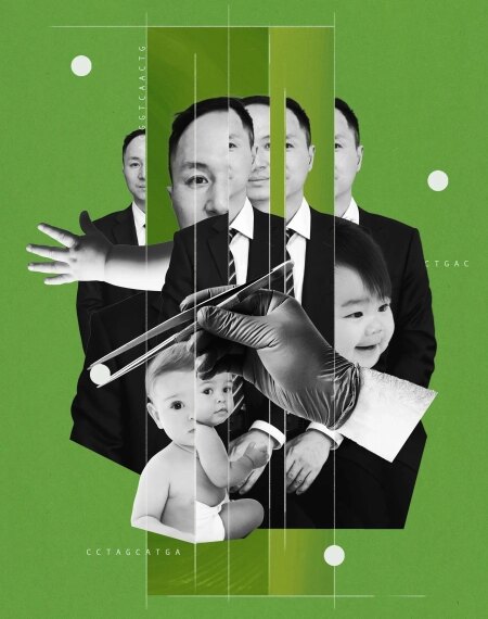 Коллаж: человек в костюме, младенцы и рука с пипеткой на зелёном фоне, элементы ДНК.