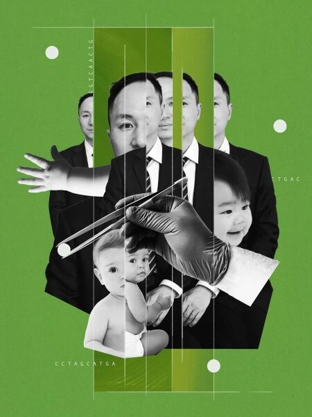 Коллаж: человек в костюме, младенцы и рука с пипеткой на зелёном фоне, элементы ДНК.