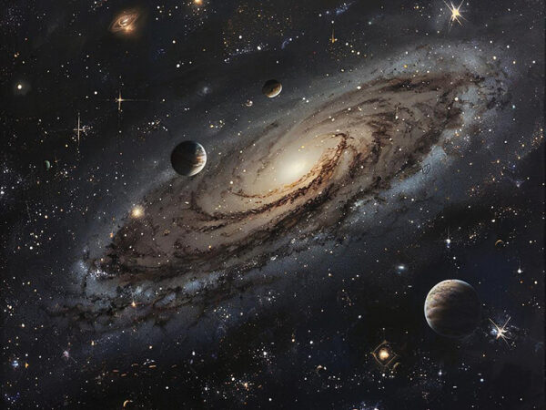 Спиральная галактика с планетами и звездами в космосе.