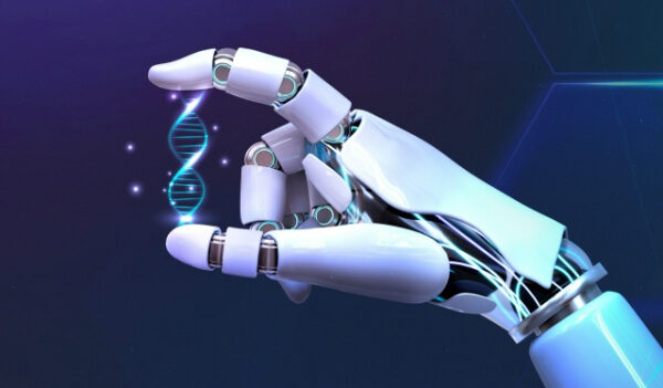 Роботизированная рука держит цифровую ДНК, символизируя биотехнологии и искусственный интеллект.