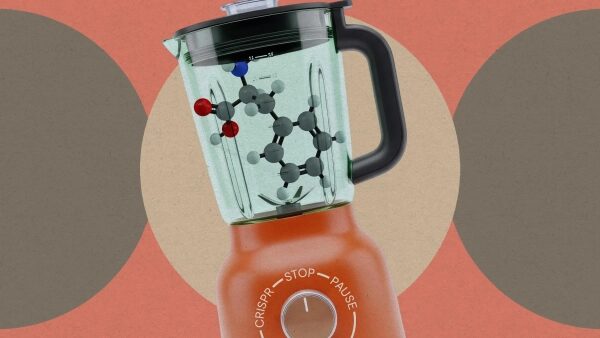 Блендер с молекулой внутри на абстрактном фоне.