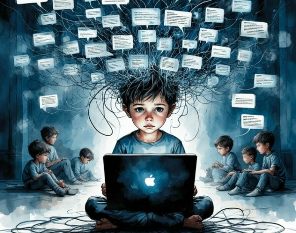Ребенок с ноутбуком и мыслями в облачках, окружен копиями себя, погружен в технологии.