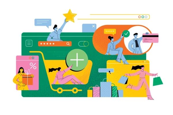 Иллюстрация интернет-шопинга: люди покупают, получают оценки и общаются онлайн.