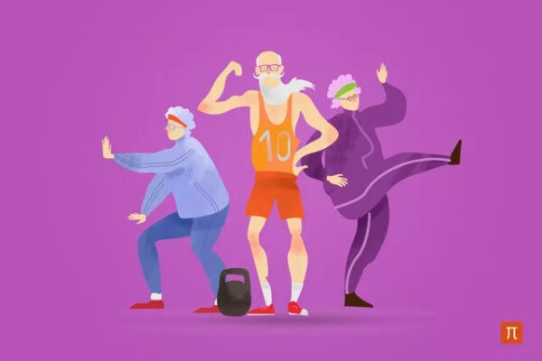 Иллюстрация пожилых людей, занимающихся спортом на фиолетовом фоне.