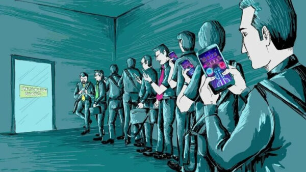 Люди в очереди перед дверью с табличкой "Интернет-банк", глядя в смартфоны.