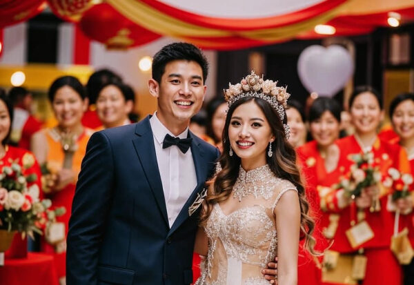 Свадебная пара в окружении гостей на фоне красочных украшений и букетов.