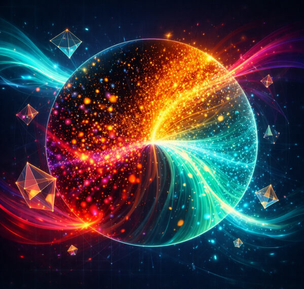 Абстрактная круглая иллюстрация с яркими разноцветными энергетическими потоками.