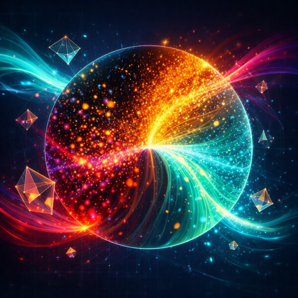 Абстрактная круглая иллюстрация с яркими разноцветными энергетическими потоками.