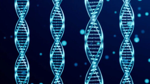 Спираль ДНК на синем фоне, молекула генетической информации, биология.