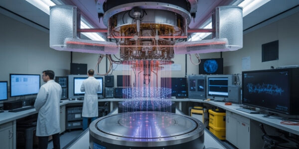 Квантовый компьютер в лаборатории, ученые работают за мониторами.