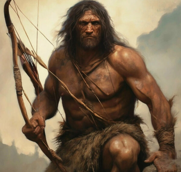 Доисторический охотник с луком и стрелами, одетый в шкуры животных.