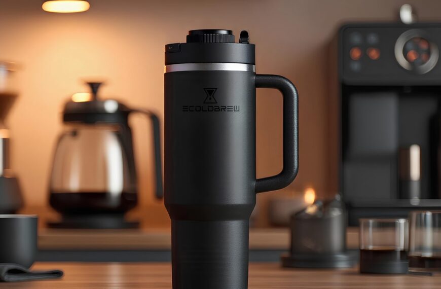 Термос для кофе на кухонном столе с кофеваркой на фоне.