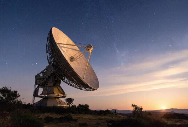 Спутниковая тарелка на фоне заката и звёздного неба в пустыне.