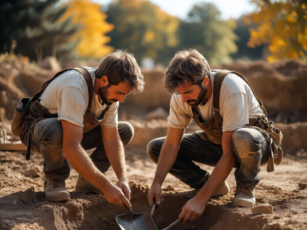 Археологи в рабочей одежде исследуют раскопки на фоне осеннего леса.