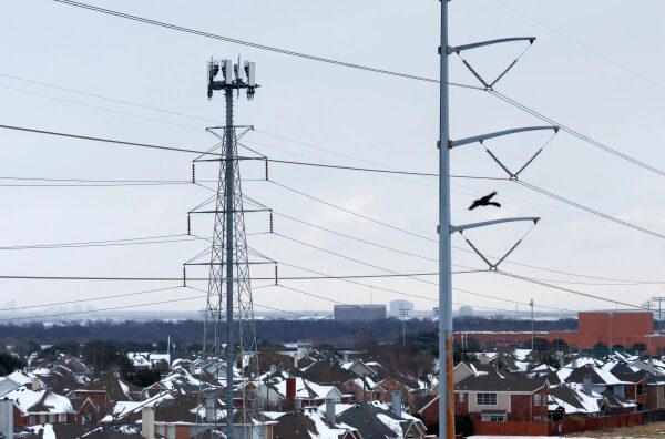 Зимний шторм подверг испытанию электросети, испытывающие нехватку ресурсов для центров обработки данных, использующих искусственный интеллект. 8 Снежный городской пейзаж с линиями электропередач и пролетающей птицей.